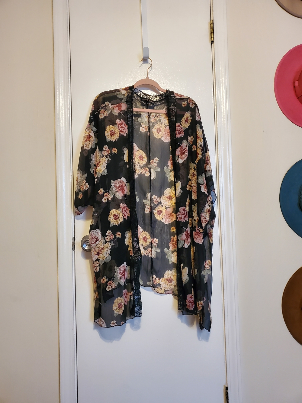 Almost Famous Sheer Floral Kimono Cardigan - Black with Pink & Cream Flowers